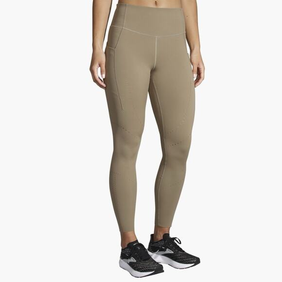 Brooks Method 7/8 Running Perforated Tights Leggings In Oatmeal Tan Size Large - Picture 2 of 14